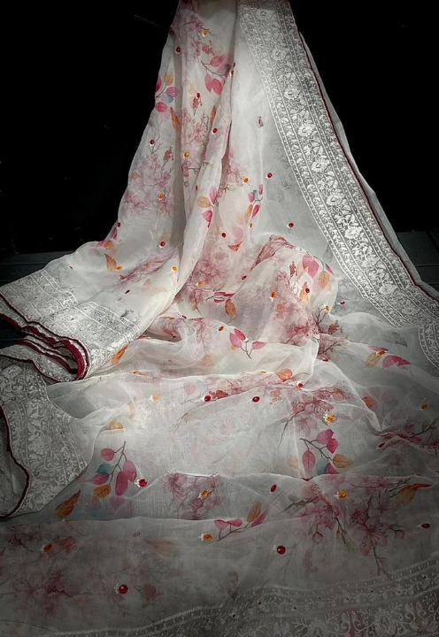 Floral Printed Organza Silk Saree With Chikankari Borders