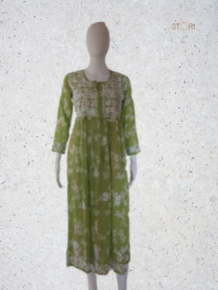 Swati Patidar in Aashna Light Green Petals Printed Mulmul Cotton Chikankari Gown With Dori