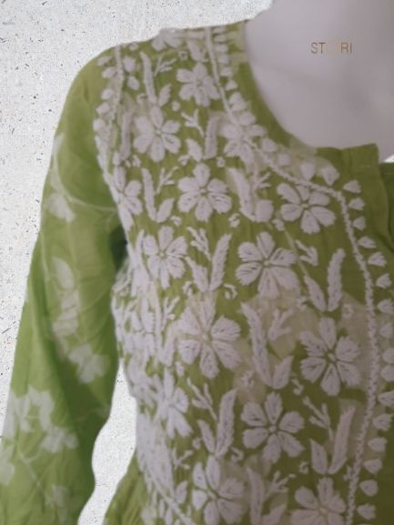 Aashna Light Green Petals Printed Mulmul Cotton Chikankari Gown With Dori