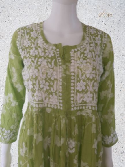 Aashna Light Green Petals Printed Mulmul Cotton Chikankari Gown With Dori