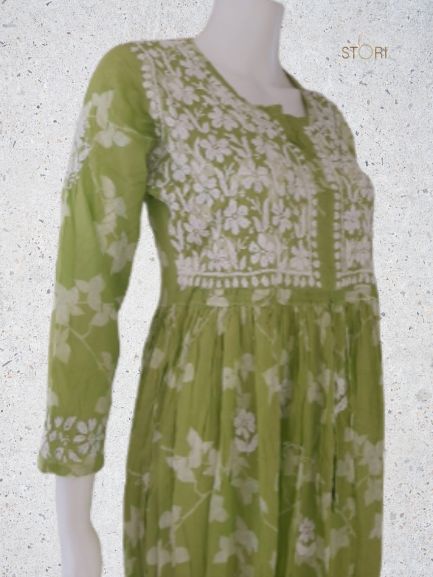 Aashna Light Green Petals Printed Mulmul Cotton Chikankari Gown With Dori