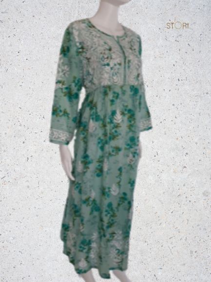 Aashna Sea Green Floral Printed Mulmul Cotton Chikankari Gown