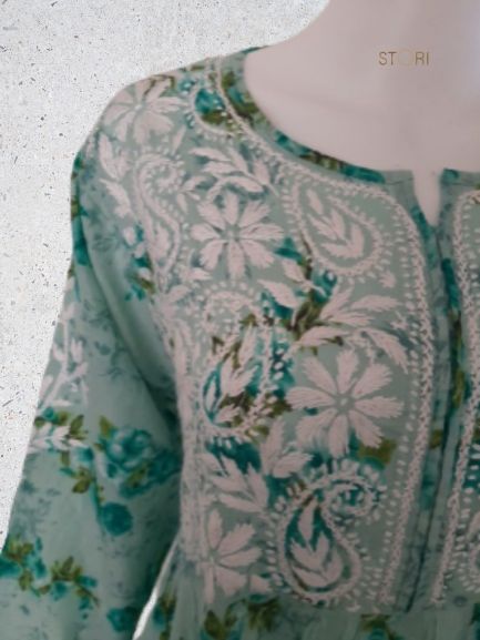 Aashna Sea Green Floral Printed Mulmul Cotton Chikankari Gown