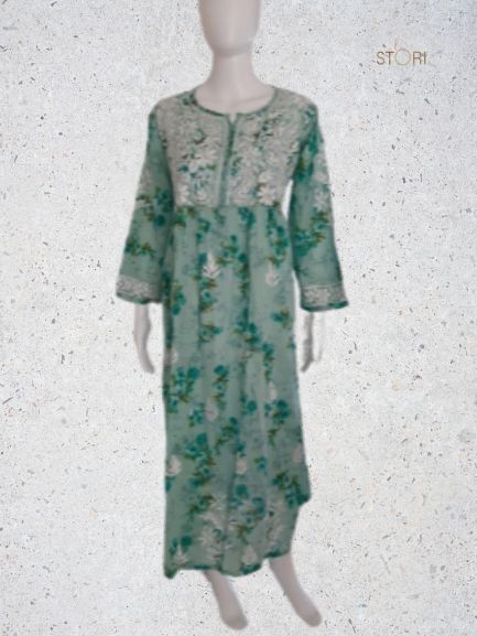 Aashna Sea Green Floral Printed Mulmul Cotton Chikankari Gown