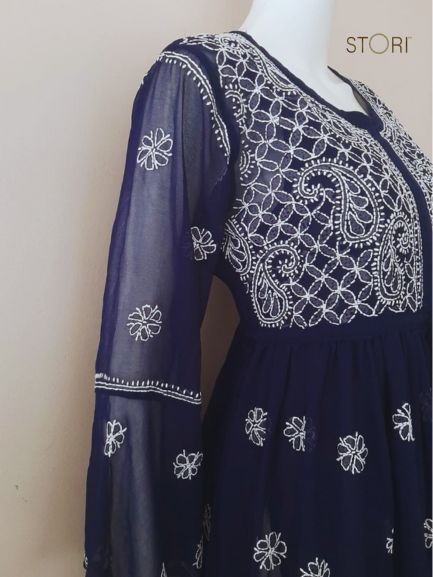 Adila Navy Blue Short Georgette Chikankari Kurti With Bell Sleeves