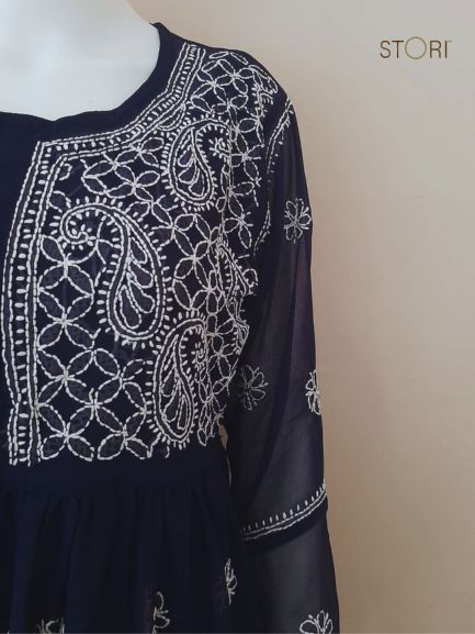 Adila Navy Blue Short Georgette Chikankari Kurti With Bell Sleeves