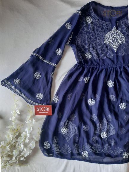 Adila Navy Blue Short Georgette Chikankari Kurti With Bell Sleeves