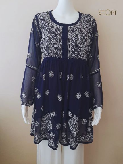 Adila Navy Blue Short Georgette Chikankari Kurti With Bell Sleeves