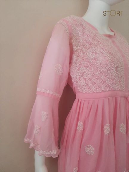 Adila Baby Pink Short Georgette Chikankari Kurti With Bell Sleeves