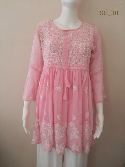 Adila Baby Pink Short Georgette Chikankari Kurti With Bell Sleeves