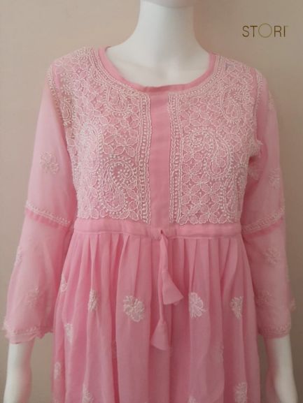 Adila Baby Pink Short Georgette Chikankari Kurti With Bell Sleeves