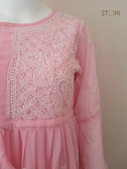 Adila Baby Pink Short Georgette Chikankari Kurti With Bell Sleeves