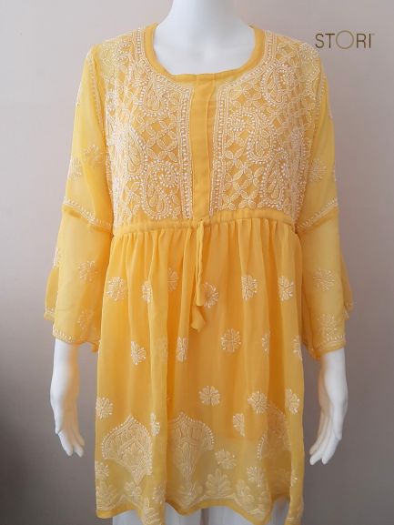 Adila Yellow Short Georgette Chikankari Kurti With Bell Sleeves