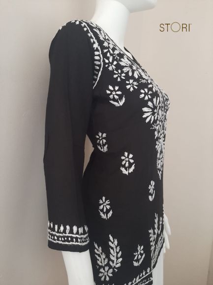 Aiza Black Soft Modal Handcrafted Short Chikankari Kurti