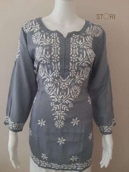 Aiza Grey Soft Modal Handcrafted Short Chikankari Kurti