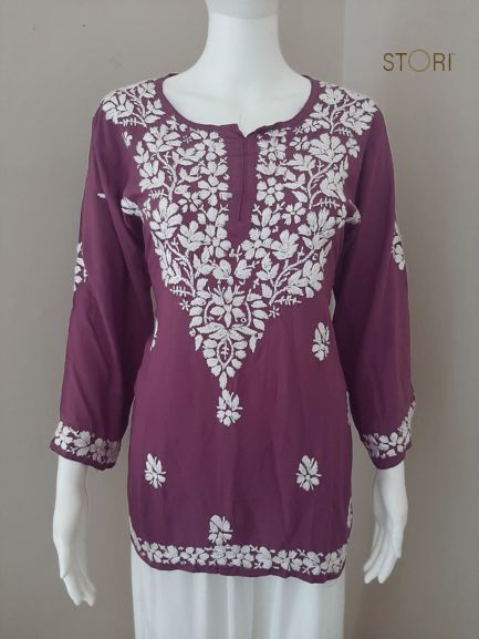 Aiza Mauve Soft Modal Handcrafted Short Chikankari Kurti