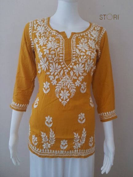 Aiza Mustard Yellow Soft Modal Handcrafted Short Chikankari Kurti