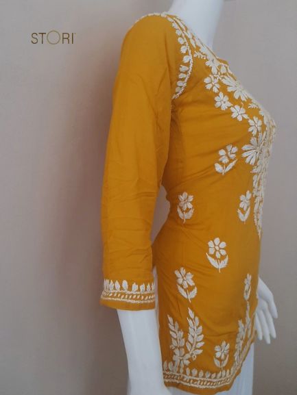 Aiza Mustard Yellow Soft Modal Handcrafted Short Chikankari Kurti