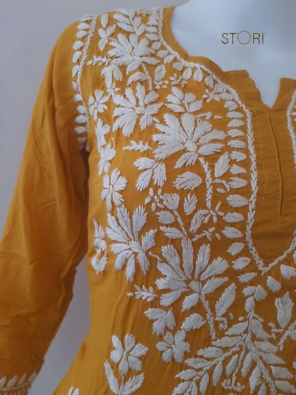 Aiza Mustard Yellow Soft Modal Handcrafted Short Chikankari Kurti