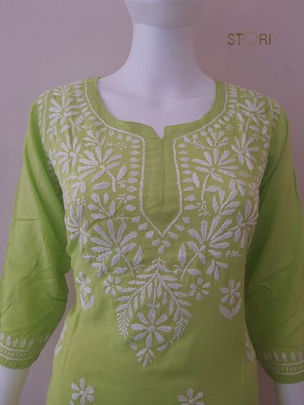 Aiza Parrot Green Soft Modal Handcrafted Short Chikankari Kurti