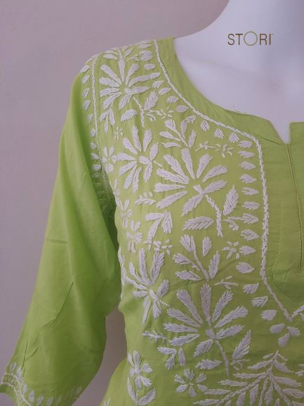 Aiza Parrot Green Soft Modal Handcrafted Short Chikankari Kurti