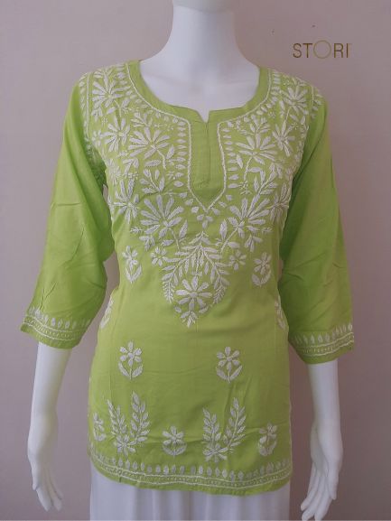 Aiza Parrot Green Soft Modal Handcrafted Short Chikankari Kurti