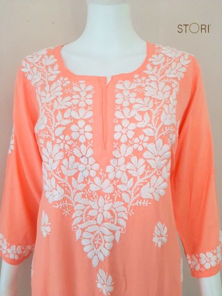 Aiza Peach Soft Modal Handcrafted Short Chikankari Kurti