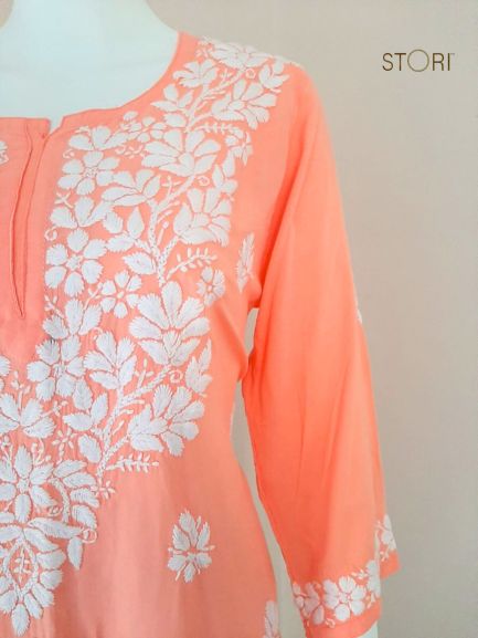 Aiza Peach Soft Modal Handcrafted Short Chikankari Kurti