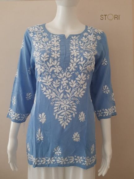 Aiza Powder Blue Soft Modal Handcrafted Short Chikankari Kurti