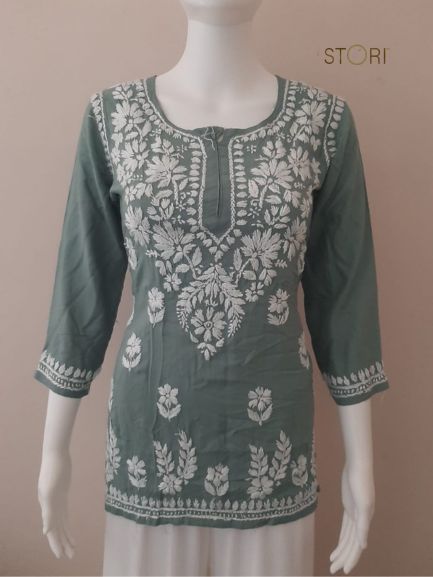 Aiza Ramagreen Soft Modal Handcrafted Short Chikankari Kurti