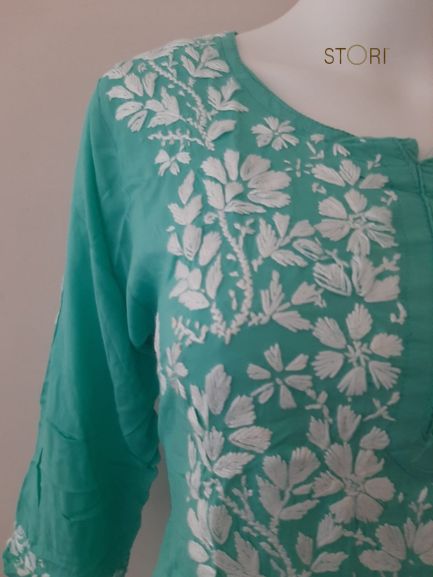 Aiza Seagreen Soft Modal Handcrafted Short Chikankari Kurti