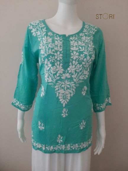 Aiza Seagreen Soft Modal Handcrafted Short Chikankari Kurti