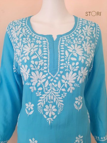 Aiza Sky Blue Soft Modal Handcrafted Short Chikankari Kurti