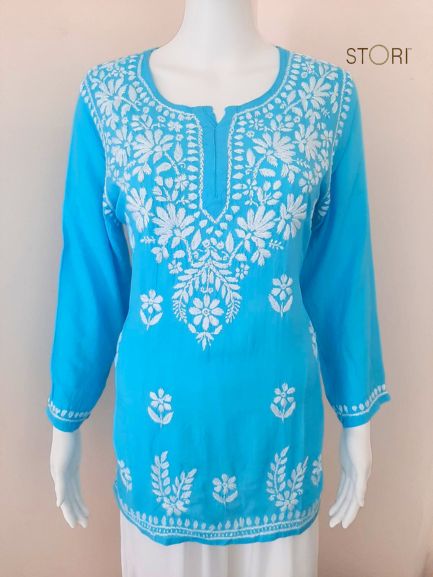 Aiza Sky Blue Soft Modal Handcrafted Short Chikankari Kurti