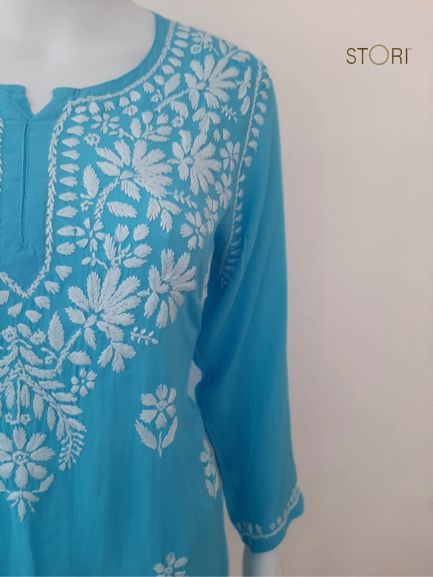 Aiza Sky Blue Soft Modal Handcrafted Short Chikankari Kurti