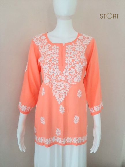 Aiza Peach Soft Modal Handcrafted Short Chikankari Kurti