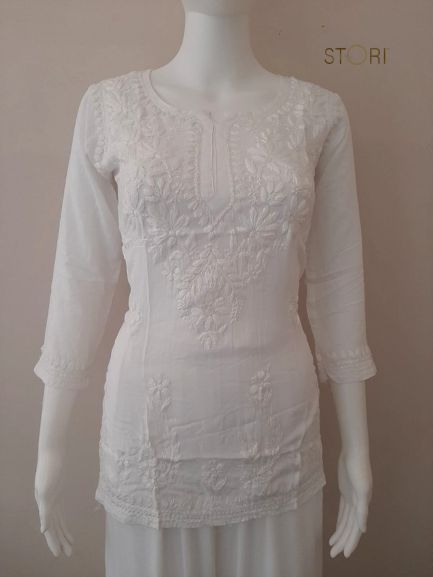 Aiza White Soft Modal Handcrafted Short Chikankari Kurti