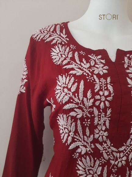 Aiza Wine Soft Modal Handcrafted Short Chikankari Kurti