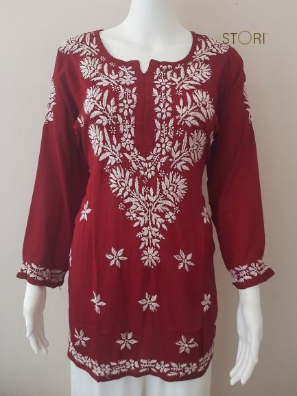 Aiza Wine Soft Modal Handcrafted Short Chikankari Kurti