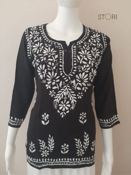 Aiza Black Soft Modal Handcrafted Short Chikankari Kurti