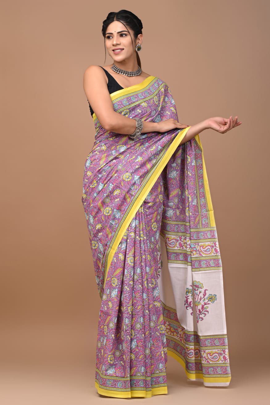 Ajrakh Printed Lavendar Handloom Cotton Mulmul Saree