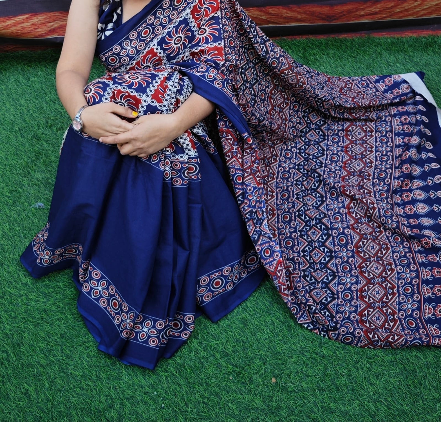 Indigo & Red Ajrakh Cotton Mulmul Saree