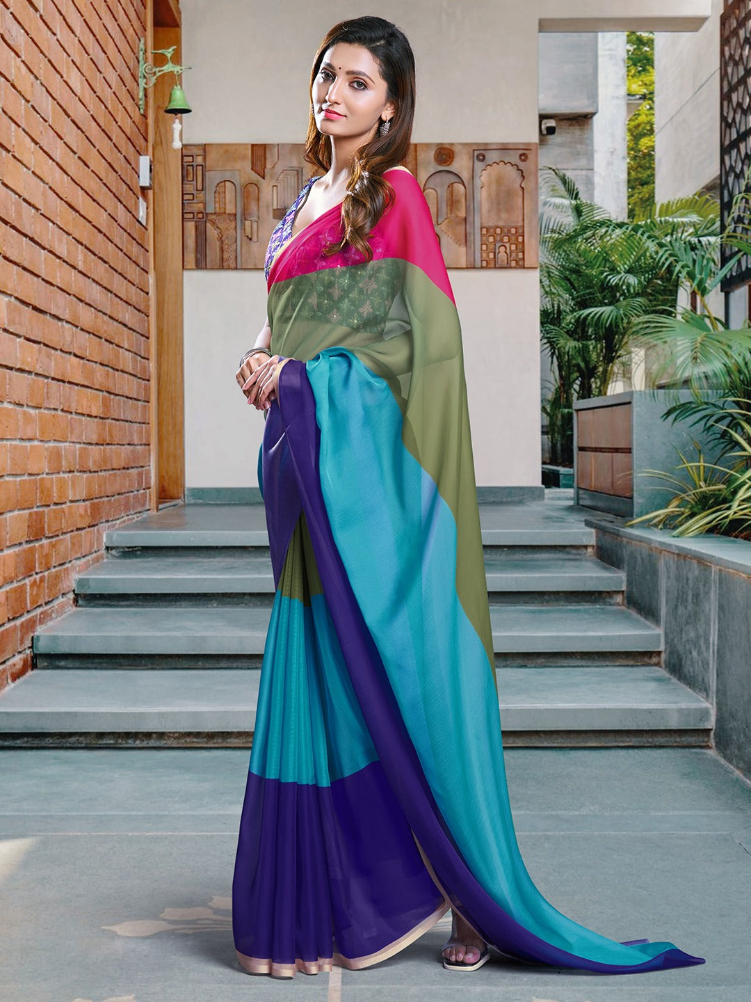 Bright Color Block Soft Organza Designer Saree