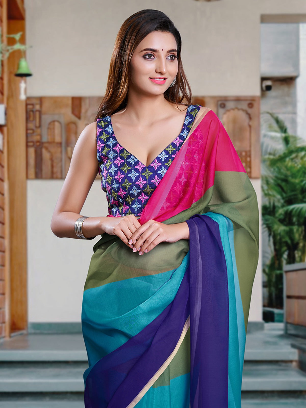 Bright Color Block Soft Organza Designer Saree