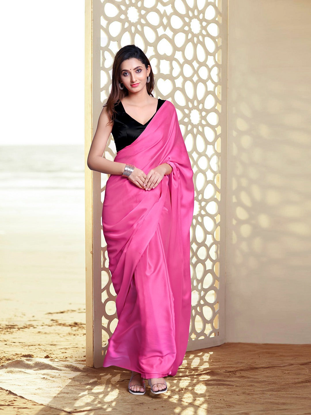 Bright Pink Single Color Soft Georgette Saree