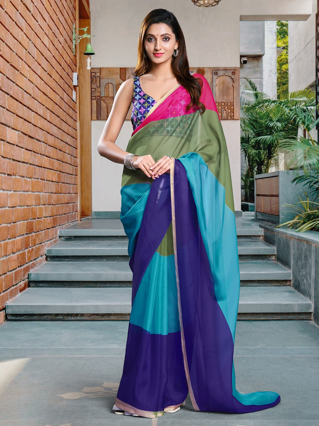 Bright Color Block Soft Organza Designer Saree