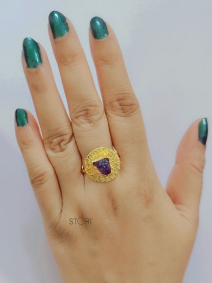 Amethyst Raw Stone Textured Disc Finger Ring