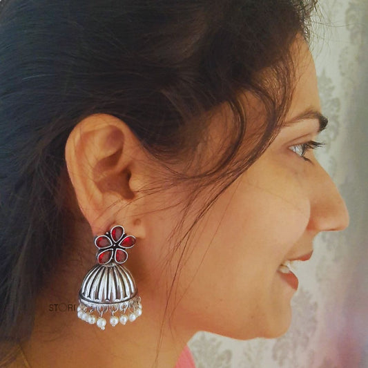 Athira Stone Studded Oxidised Jhumka Earrings