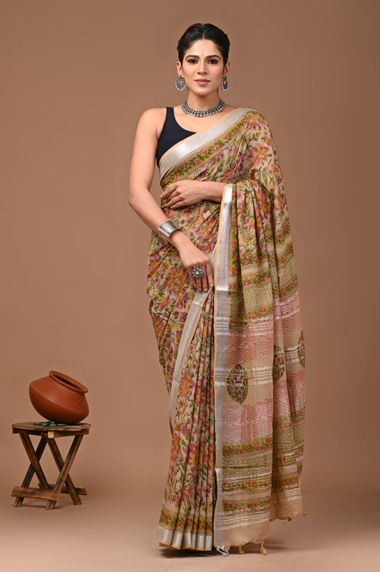 Handblock Printed Ajrakh Beige Linen Saree