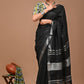 Black Linen Saree With Extra Ajrakh Printed Blouse